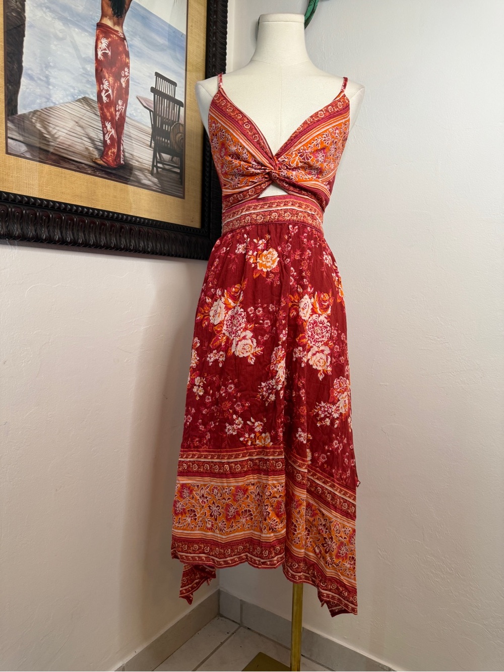 Angie Crimson Floral Twist-Front Midi Dress with handkerchief hem